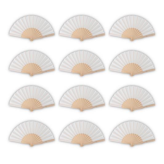 Home Universal ® Pack 12 Unidades Abanicos Madera con Tela Lisa 23cm, Detalles para los Invitados, Regalos de Boda, Fiestas, Comuniones y Otros Eventos - Blanco (12 Unidades)