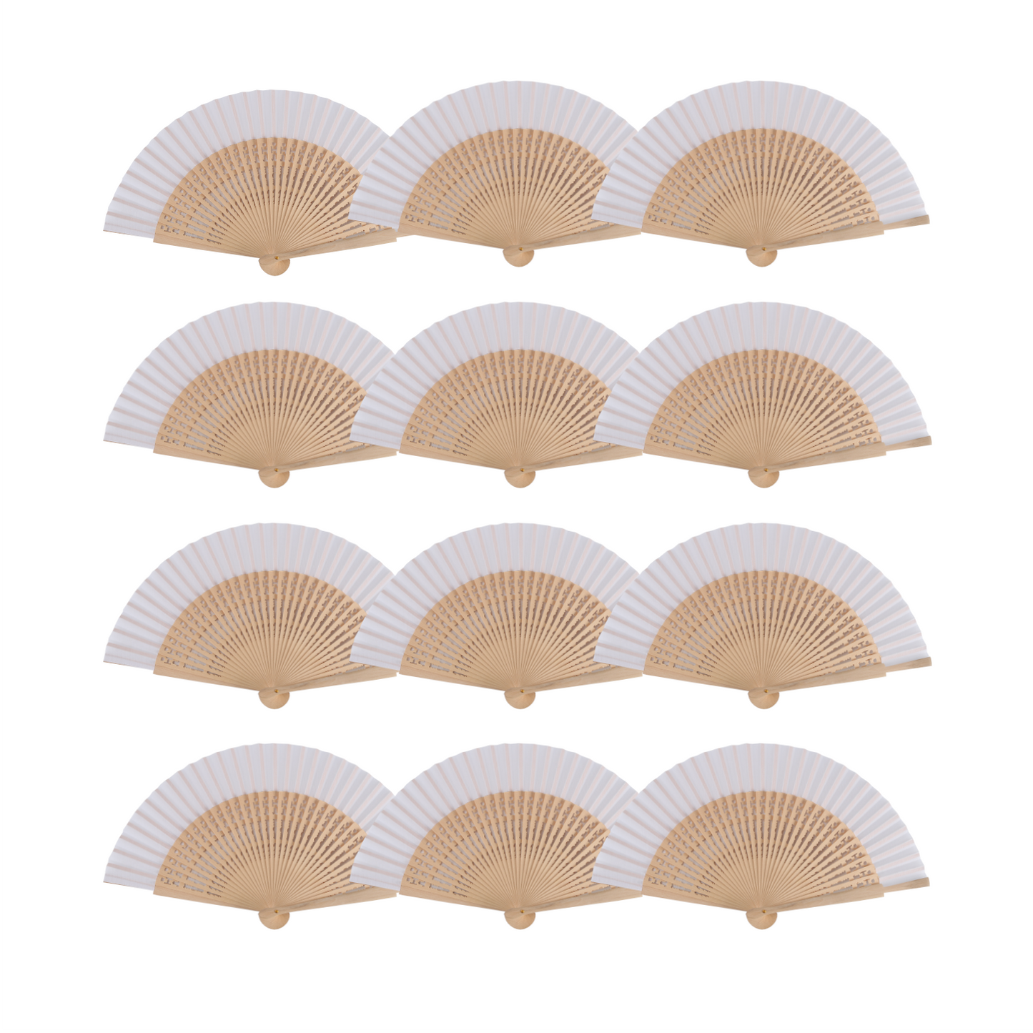 Home Universal ® Pack 12 Unidades Abanicos Madera con Tela Lisa 23cm, Detalles para los Invitados, Regalos de Boda, Fiestas, Comuniones y Otros Eventos (Blanco troquelado con caja)