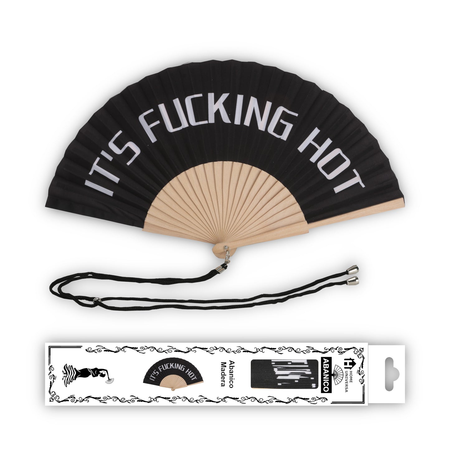 Home Universal® Abanico 23 cm con Cuerda para Cuello – Abanico Plegable de Madera Ligero y Portátil – Accesorio de Verano para Playa, Festivales, Bodas y Eventos – Diseño Divertido, Ideal para Viajes y Calor (IT´S FUC*ING HOT (Negro))