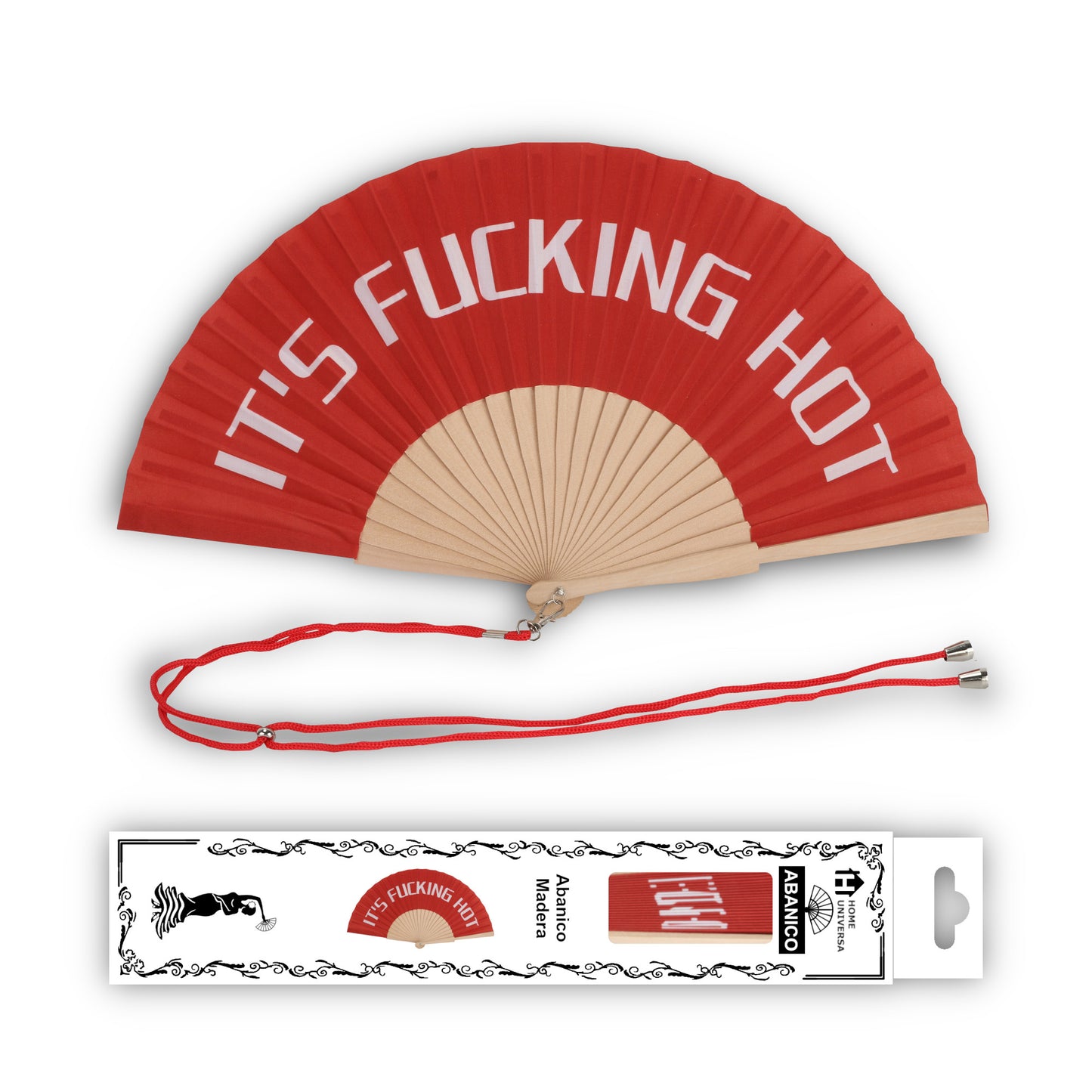 Home Universal® Abanico 23 cm con Cuerda para Cuello – Abanico Plegable de Madera Ligero y Portátil – Accesorio de Verano para Playa, Festivales, Bodas y Eventos – Diseño Divertido, Ideal para Viajes y Calor (IT´S FUC*ING HOT (Rojo))
