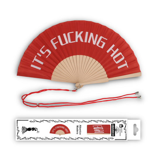Home Universal® Abanico 23 cm con Cuerda para Cuello – Abanico Plegable de Madera Ligero y Portátil – Accesorio de Verano para Playa, Festivales, Bodas y Eventos – Diseño Divertido, Ideal para Viajes y Calor (IT´S FUC*ING HOT (Rojo))