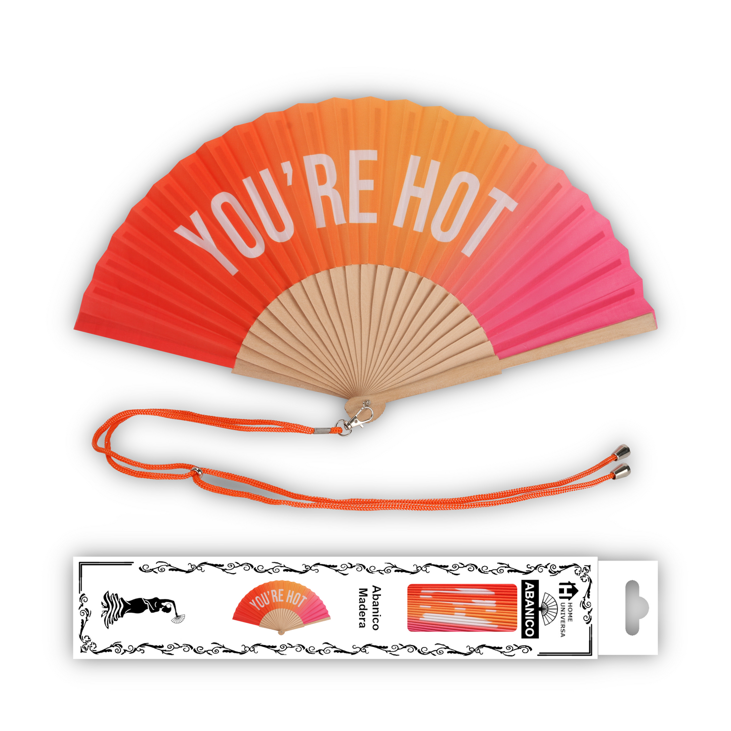 Home Universal® Abanico 23 cm con Cuerda para Cuello – Abanico Plegable de Madera Ligero y Portátil – Accesorio de Verano para Playa, Festivales, Bodas y Eventos – Diseño Divertido, Ideal para Viajes y Calor (YOU´RE HOT (Cálido))