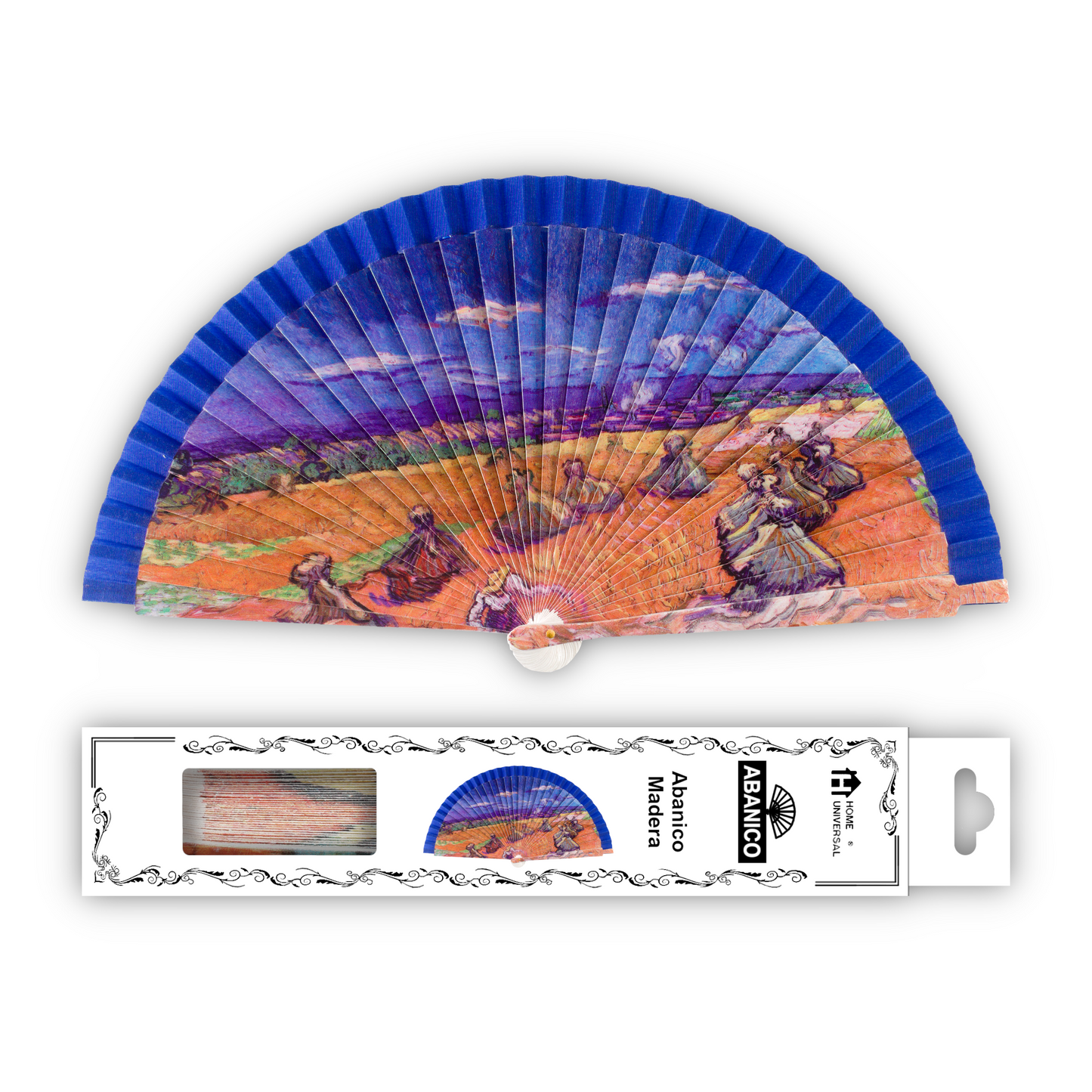 Home Universal®  Abanico 23CM DE Madera Lisa con Tela de Marfil, Abanico de Madera Adornado, Abanico Original - Campo de trigo de Vincent Van Gogh