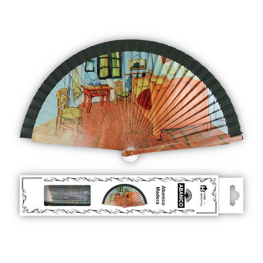 Home Universal®  Abanico 23CM DE Madera Lisa con Tela de Marfil, Abanico de Madera Adornado, Abanico Original - La Habitación en Arles de Vincent Van Gogh