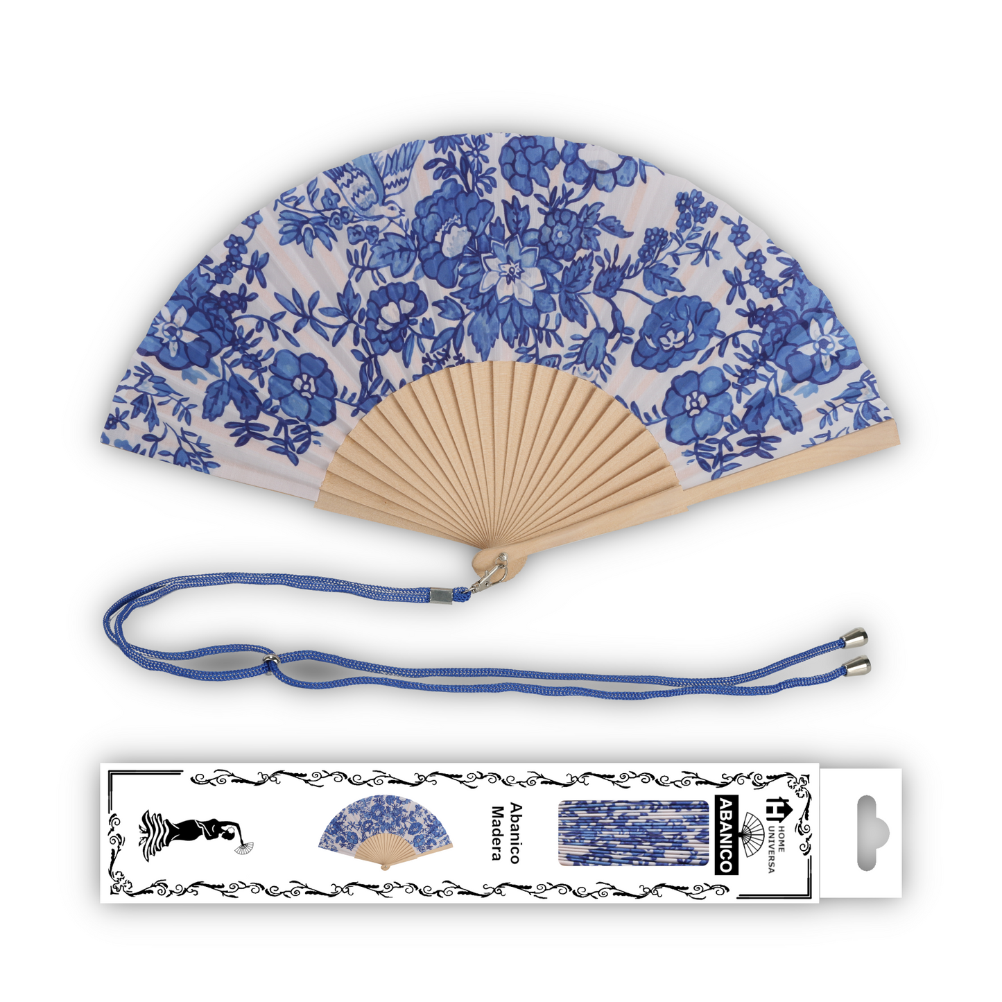 Home Universal® Abanico 23 cm con Cuerda para Cuello – Abanico Plegable de Madera Ligero y Portátil – Accesorio de Verano para Playa, Festivales, Bodas y Eventos – Diseño Divertido, Ideal para Viajes y Calor (Dibujo Flores Azul)