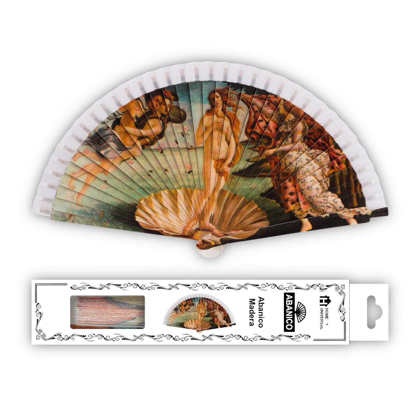 Home Universal®  Abanico 23CM DE Madera Lisa con Tela de Marfil, Abanico de Madera Adornado, Abanico Original - El Nacimiento de Venus de Sandro Botticelli
