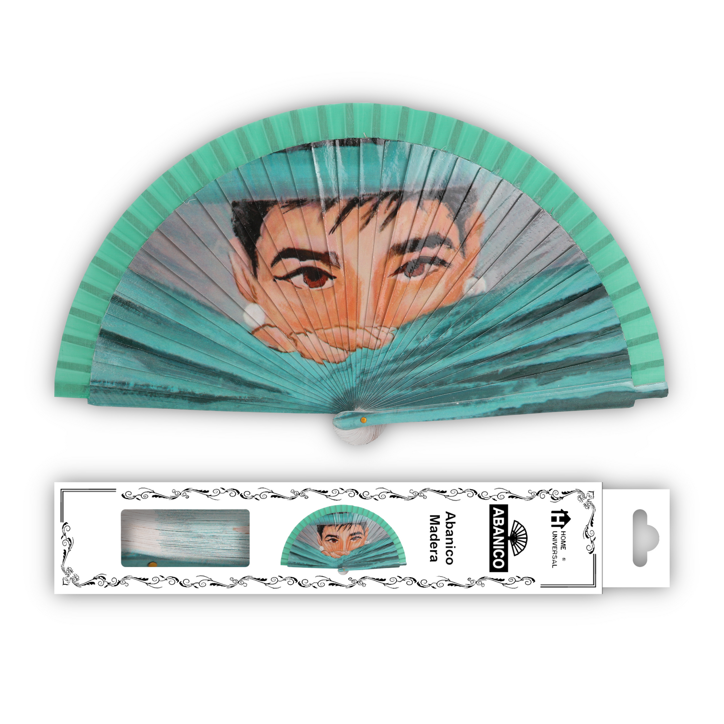 Home Universal®  Abanico 23CM DE Madera Lisa con Tela de Marfil, Abanico de Madera Adornado, Abanico Original - Audrey Hepburn (Dibujo Artístico)