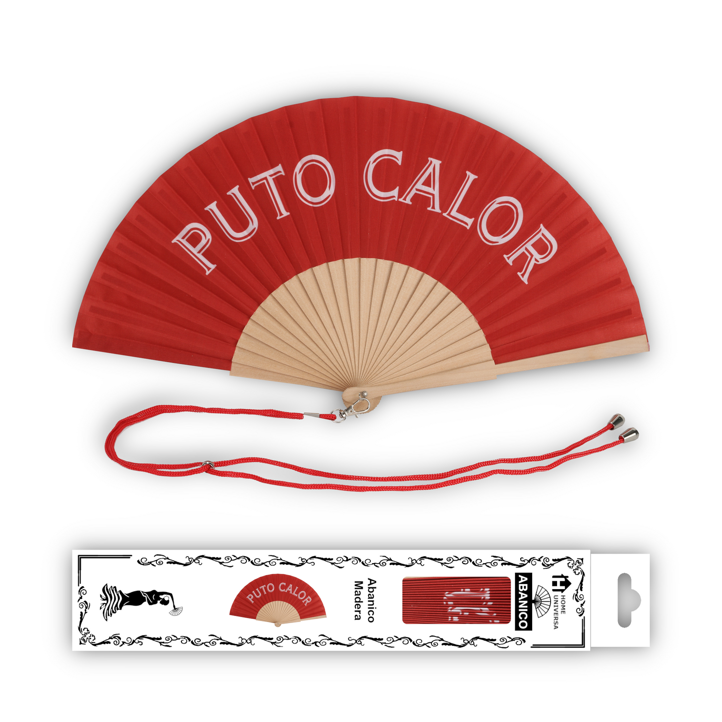 Home Universal® Abanico 23 cm con Cuerda para Cuello – Abanico Plegable de Madera Ligero y Portátil – Accesorio de Verano para Playa, Festivales, Bodas y Eventos – Diseño Divertido, Ideal para Viajes y Calor (P*TO CALOR (Rojo))