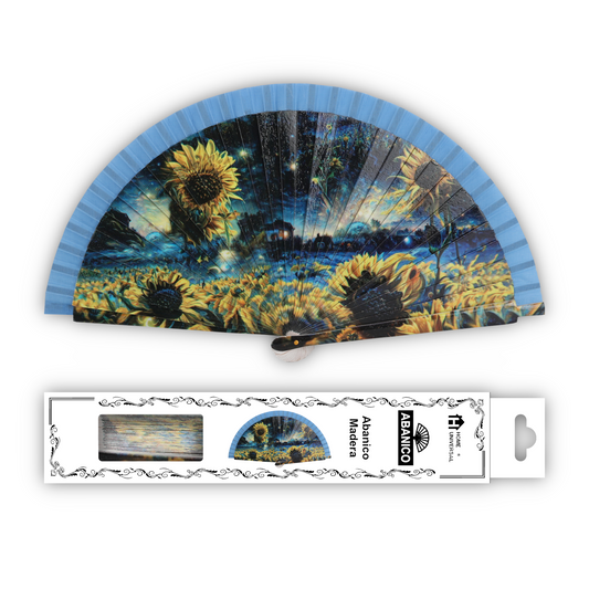 Home Universal®  Abanico 23CM DE Madera Lisa con Tela de Marfil, Abanico de Madera Adornado, Abanico Original - Girasoles de Noche (Dibujo Artístico)