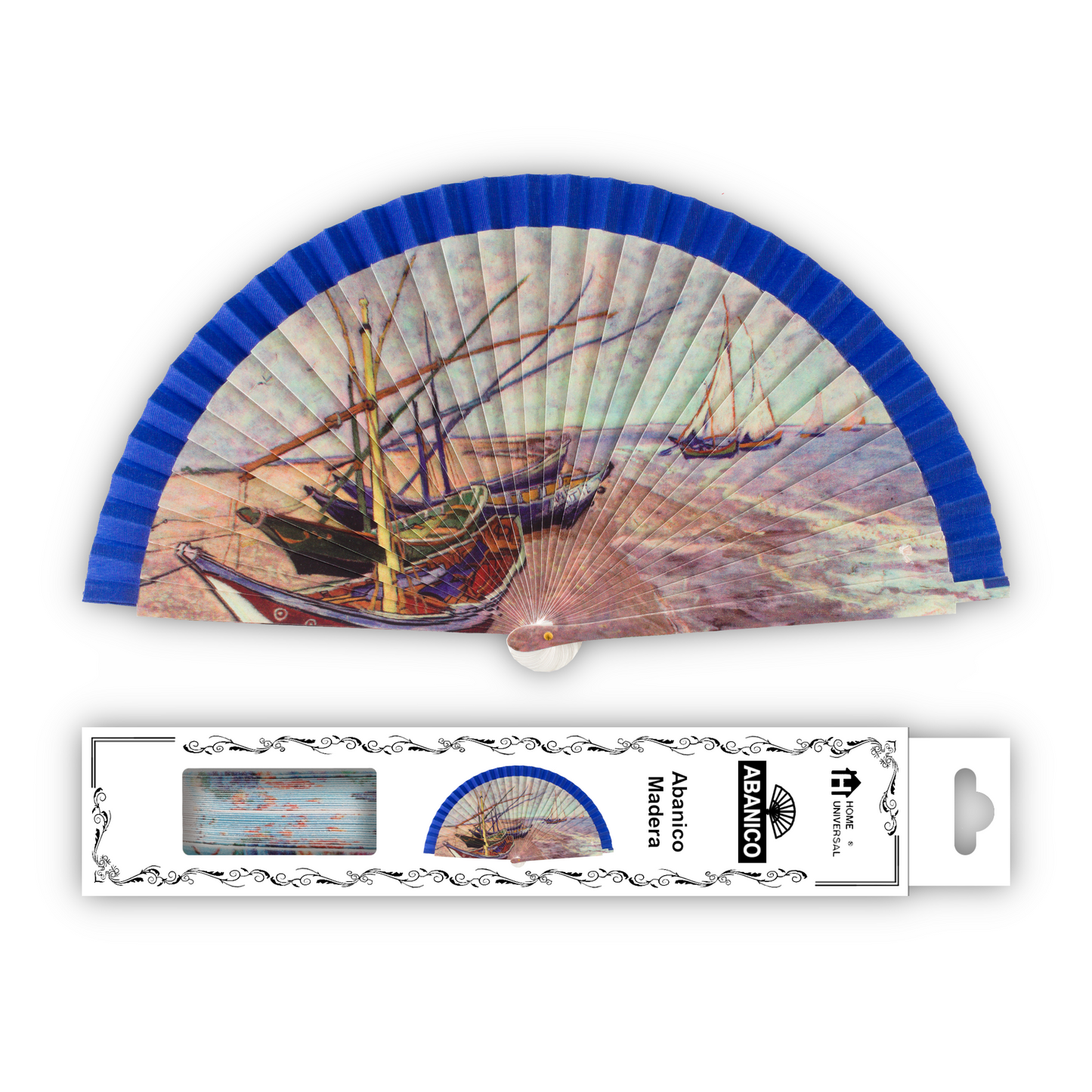 Home Universal®  Abanico 23CM DE Madera Lisa con Tela de Marfil, Abanico de Madera Adornado, Abanico Original - Barcos pesqueros de Vincent van Gogh