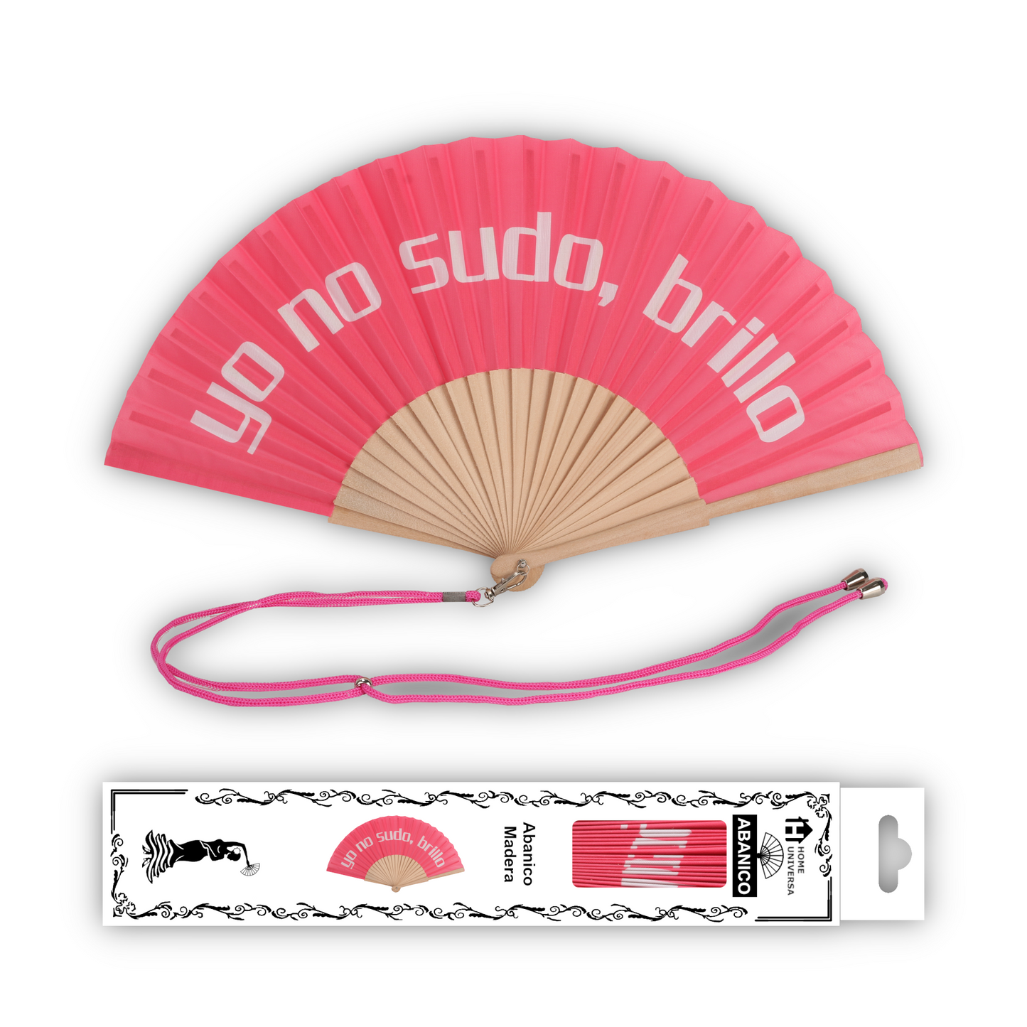 Home Universal® Abanico 23 cm con Cuerda para Cuello – Abanico Plegable de Madera Ligero y Portátil – Accesorio de Verano para Playa, Festivales, Bodas y Eventos – Diseño Divertido, Ideal para Viajes y Calor (yo no sudo, brillo (Rosa))
