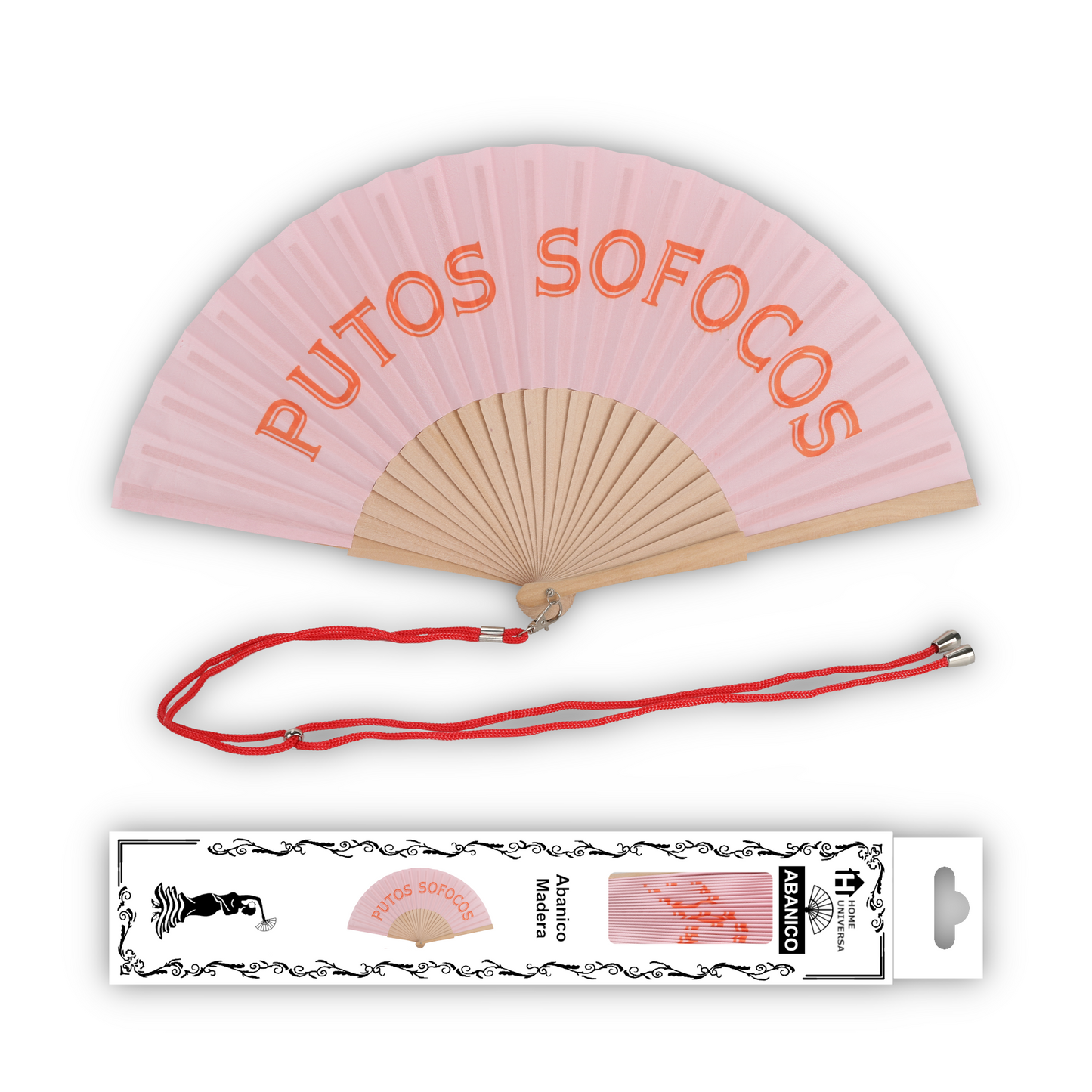 Home Universal® Abanico 23 cm con Cuerda para Cuello – Abanico Plegable de Madera Ligero y Portátil – Accesorio de Verano para Playa, Festivales, Bodas y Eventos – Diseño Divertido, Ideal para Viajes y Calor (P*TOS SOFOCOS (Rosa))