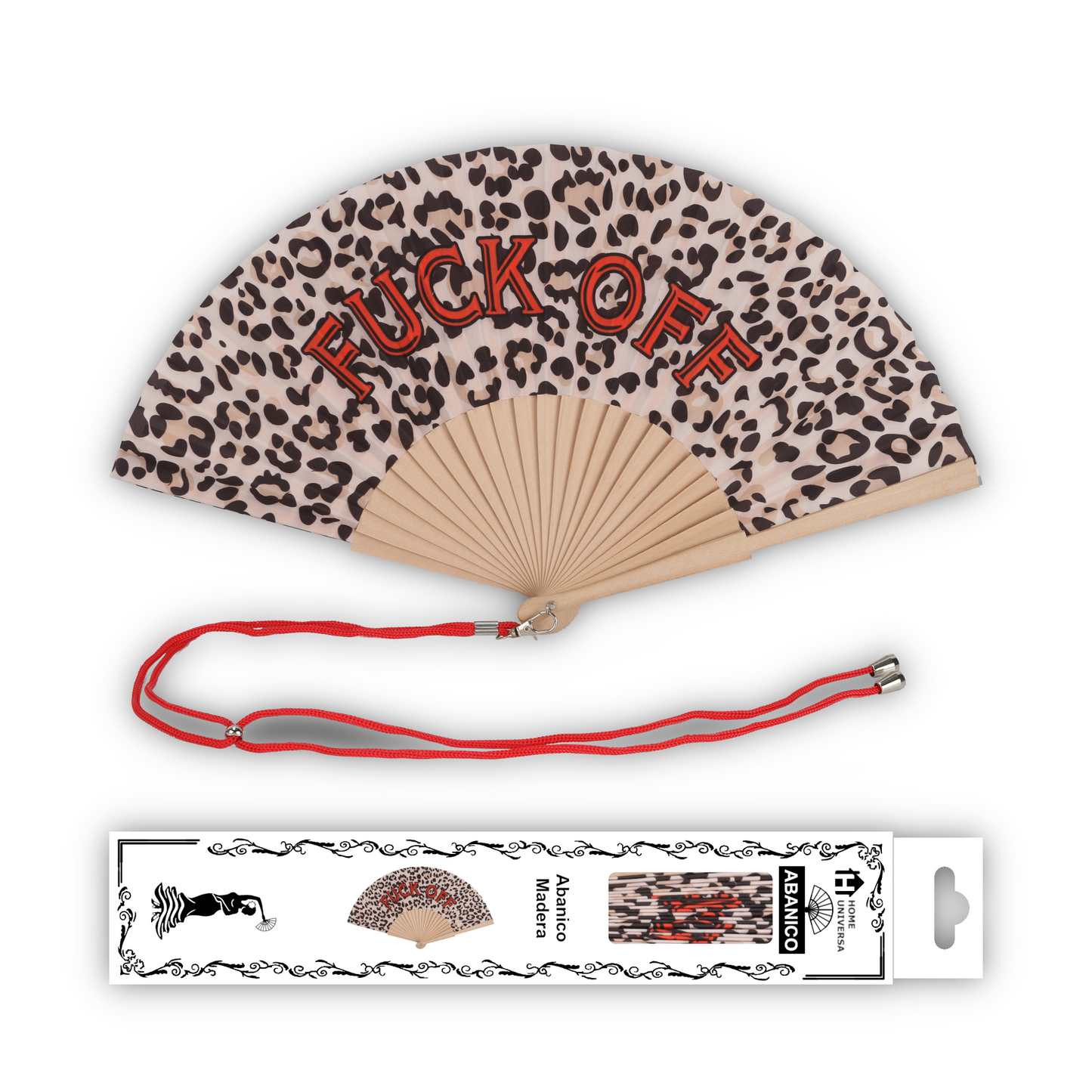 Home Universal® Abanico 23 cm con Cuerda para Cuello – Abanico Plegable de Madera Ligero y Portátil – Accesorio de Verano para Playa, Festivales, Bodas y Eventos – Diseño Divertido, Ideal para Viajes y Calor (FUC* OFF (Leopardo))