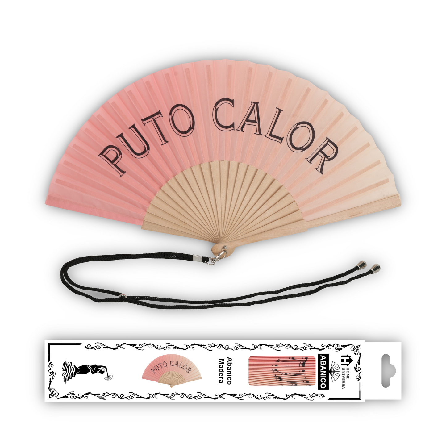 Home Universal® Abanico 23 cm con Cuerda para Cuello – Abanico Plegable de Madera Ligero y Portátil – Accesorio de Verano para Playa, Festivales, Bodas y Eventos – Diseño Divertido, Ideal para Viajes y Calor (P*TO CALOR (Coral))