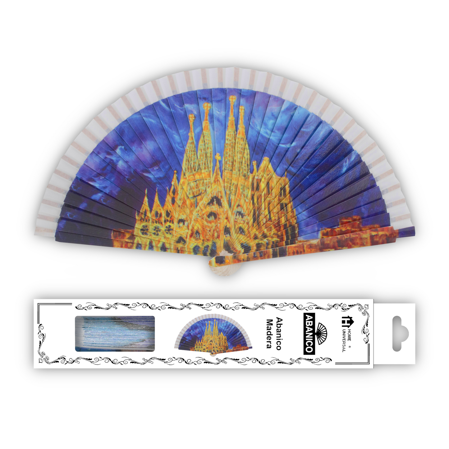 Home Universal®  Abanico 23CM DE Madera Lisa con Tela de Marfil, Abanico de Madera Adornado, Abanico Original - Sagrada Familia (Barcelona)