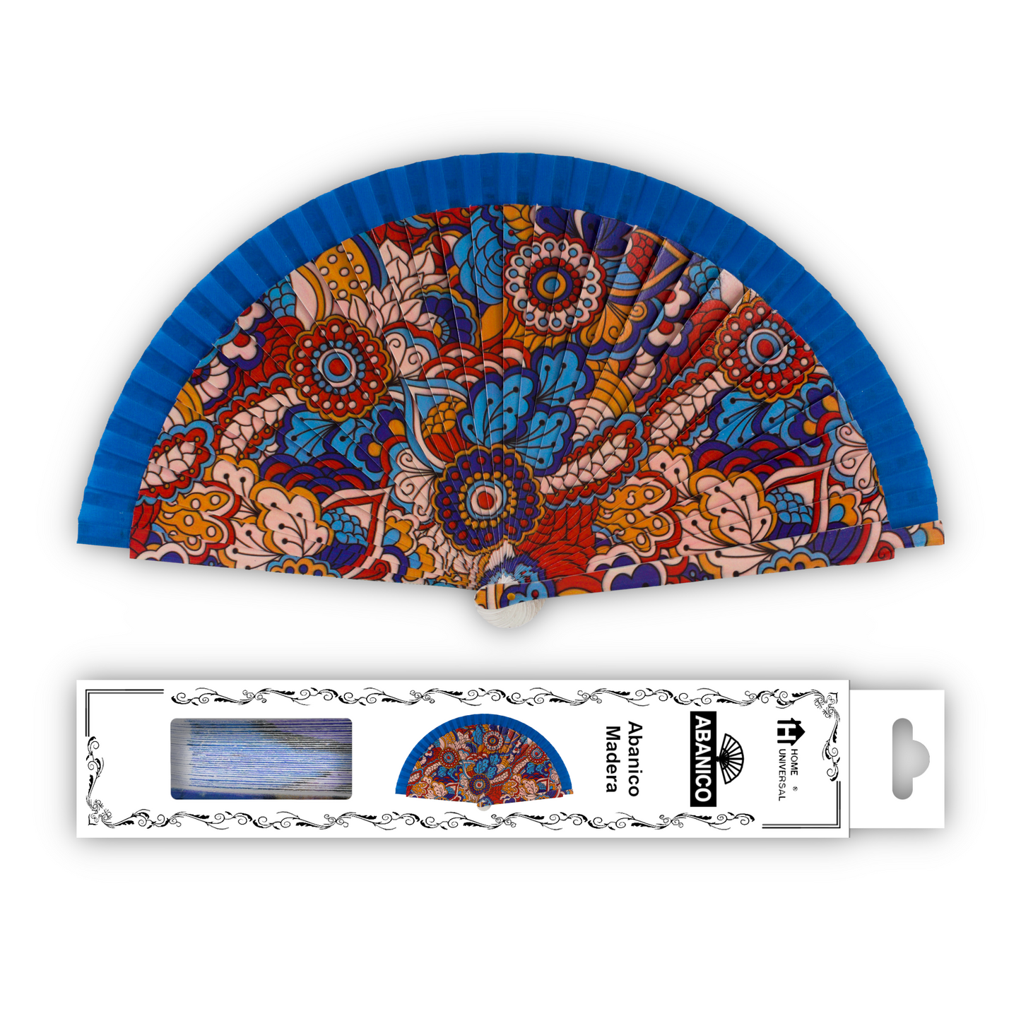 Home Universal®  Abanico 23CM DE Madera Lisa con Tela de Marfil, Abanico de Madera Adornado, Abanico Original - Estampado Floral con Tela Azul
