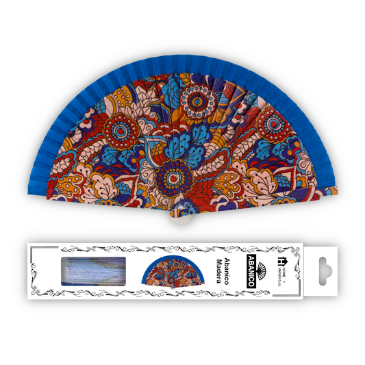 Home Universal®  Abanico 23CM DE Madera Lisa con Tela de Marfil, Abanico de Madera Adornado, Abanico Original - Estampado Floral con Tela Azul