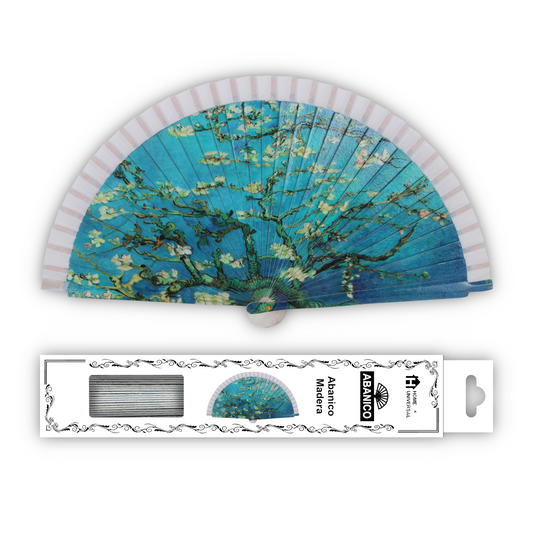 Home Universal®  Abanico 23CM DE Madera Lisa con Tela de Marfil, Abanico de Madera Adornado, Abanico Original - Almendro en flor de Vincent Van Gogh