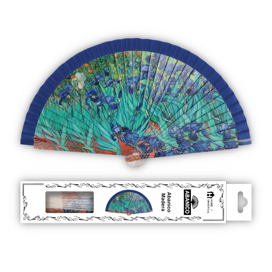 Home Universal®  Abanico 23CM DE Madera Lisa con Tela de Marfil, Abanico de Madera Adornado, Abanico Original - Lirios de Vincent Van Gogh
