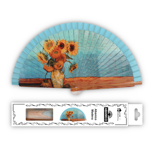 Home Universal®  Abanico 23CM DE Madera Lisa con Tela de Marfil, Abanico de Madera Adornado, Abanico Original - Los Girasoles de Vincent Van Gogh