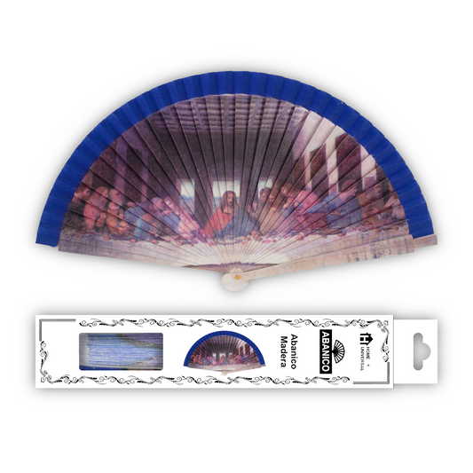 Home Universal®  Abanico 23CM DE Madera Lisa con Tela de Marfil, Abanico de Madera Adornado, Abanico Original - La última Cena de Leonardo da Vinci
