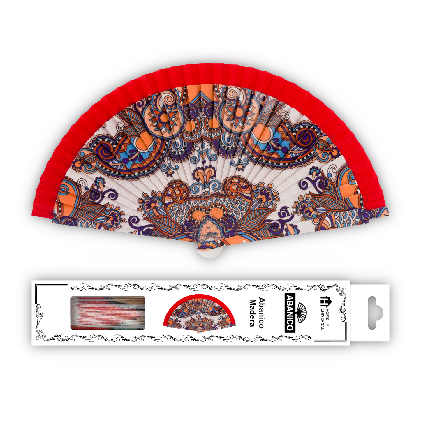 Home Universal®  Abanico 23CM DE Madera Lisa con Tela de Marfil, Abanico de Madera Adornado, Abanico Original - Estampado Floral con Tela Rojo