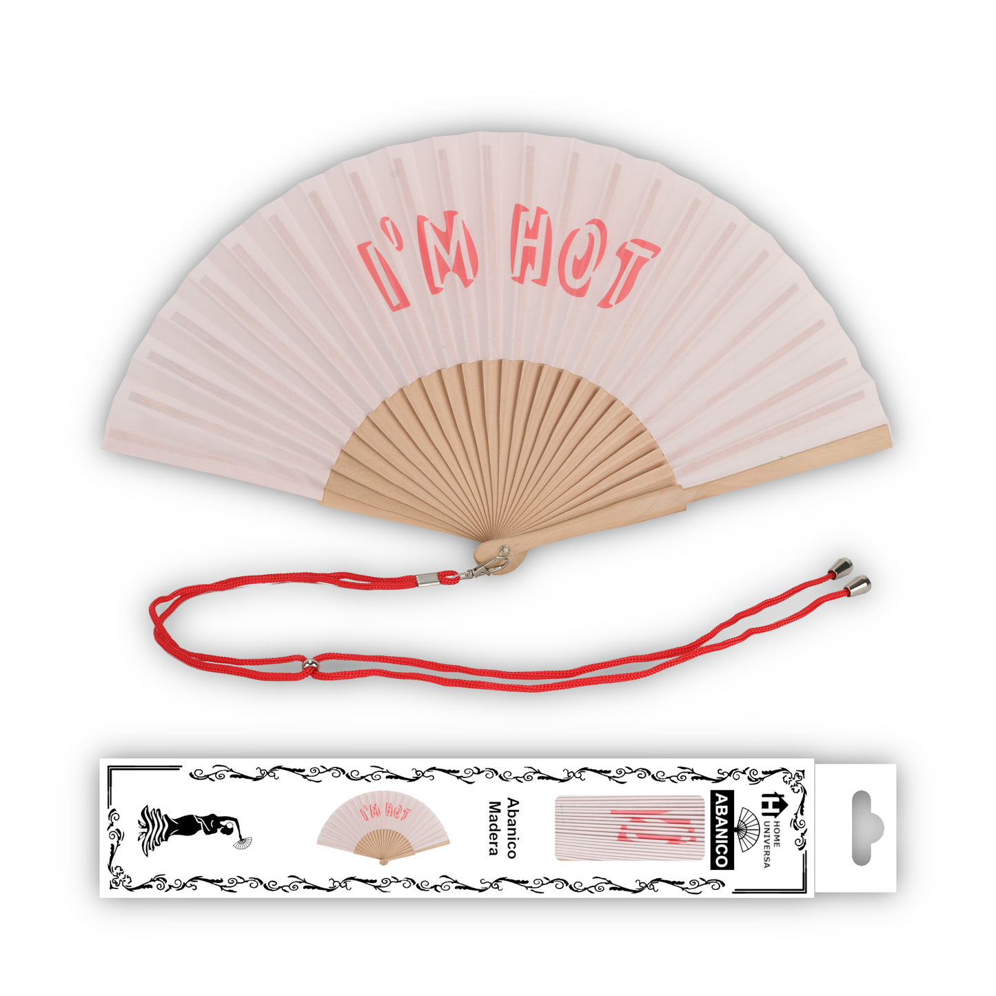 Home Universal® Abanico 23 cm con Cuerda para Cuello – Abanico Plegable de Madera Ligero y Portátil – Accesorio de Verano para Playa, Festivales, Bodas y Eventos – Diseño Divertido, Ideal para Viajes y Calor (I´M HOT (Rosa Palo))