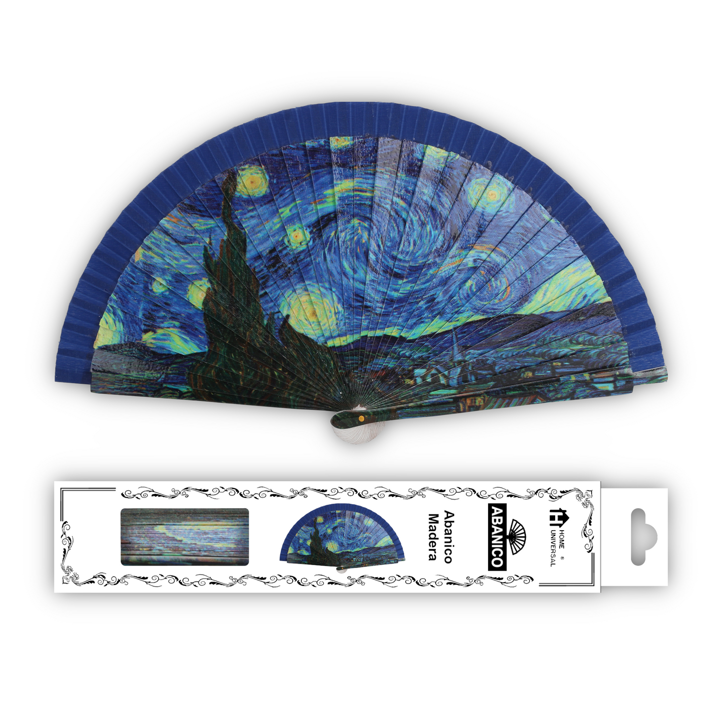 Home Universal®  Abanico 23CM DE Madera Lisa con Tela de Marfil, Abanico de Madera Adornado, Abanico Original - La Noche Estrellada de Vincent Van Gogh