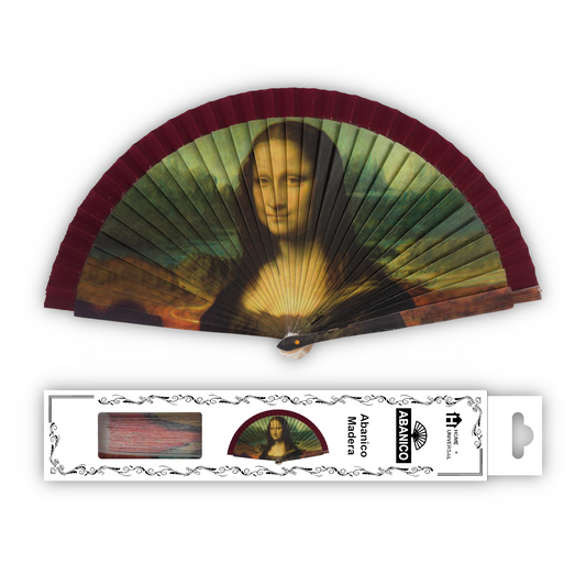 Home Universal®  Abanico 23CM DE Madera Lisa con Tela de Marfil, Abanico de Madera Adornado, Abanico Original - Mona Lisa (La Gioconda) de Leonardo da Vinci