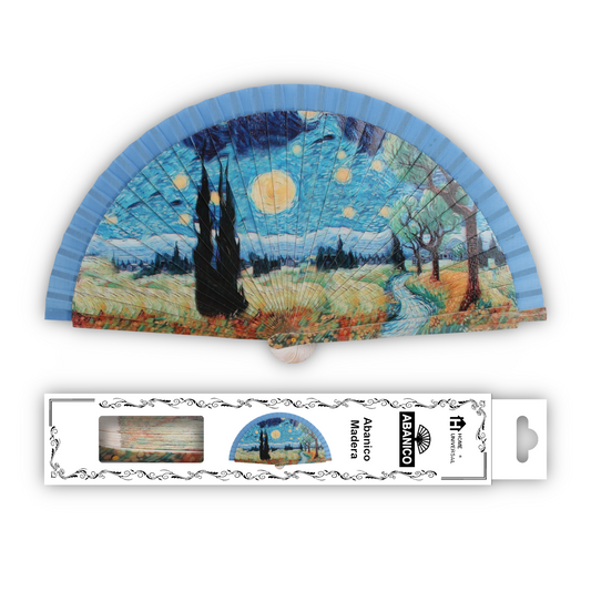Home Universal®  Abanico 23CM DE Madera Lisa con Tela de Marfil, Abanico de Madera Adornado, Abanico Original - Paseo Estrellada (Estilo Vincent van Gogh)