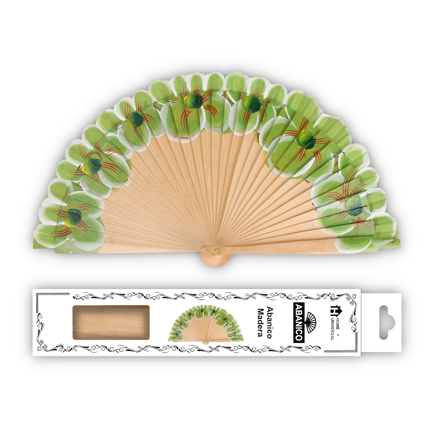 Home Universal®  Abanico 23CM DE Madera Lisa con Tela de Marfil, Abanico de Madera Adornado, Abanico Original - Floral Verde