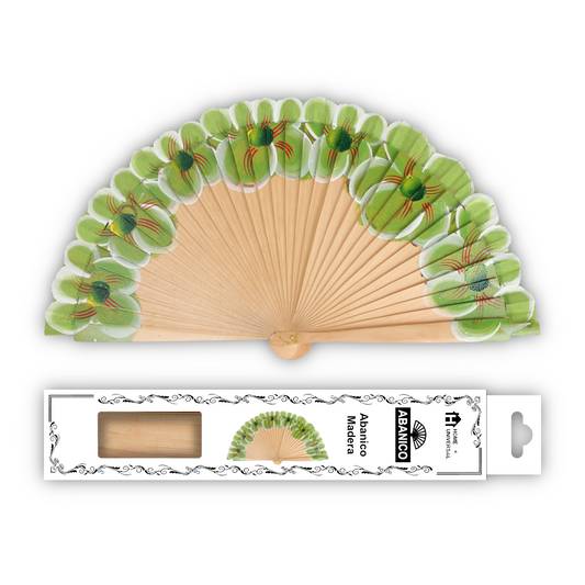 Home Universal®  Abanico 23CM DE Madera Lisa con Tela de Marfil, Abanico de Madera Adornado, Abanico Original - Floral Verde