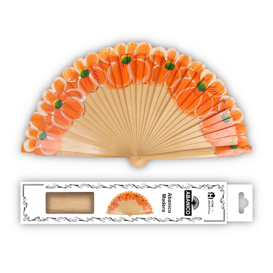 Home Universal®  Abanico 23CM DE Madera Lisa con Tela de Marfil, Abanico de Madera Adornado, Abanico Original - Floral Naranja