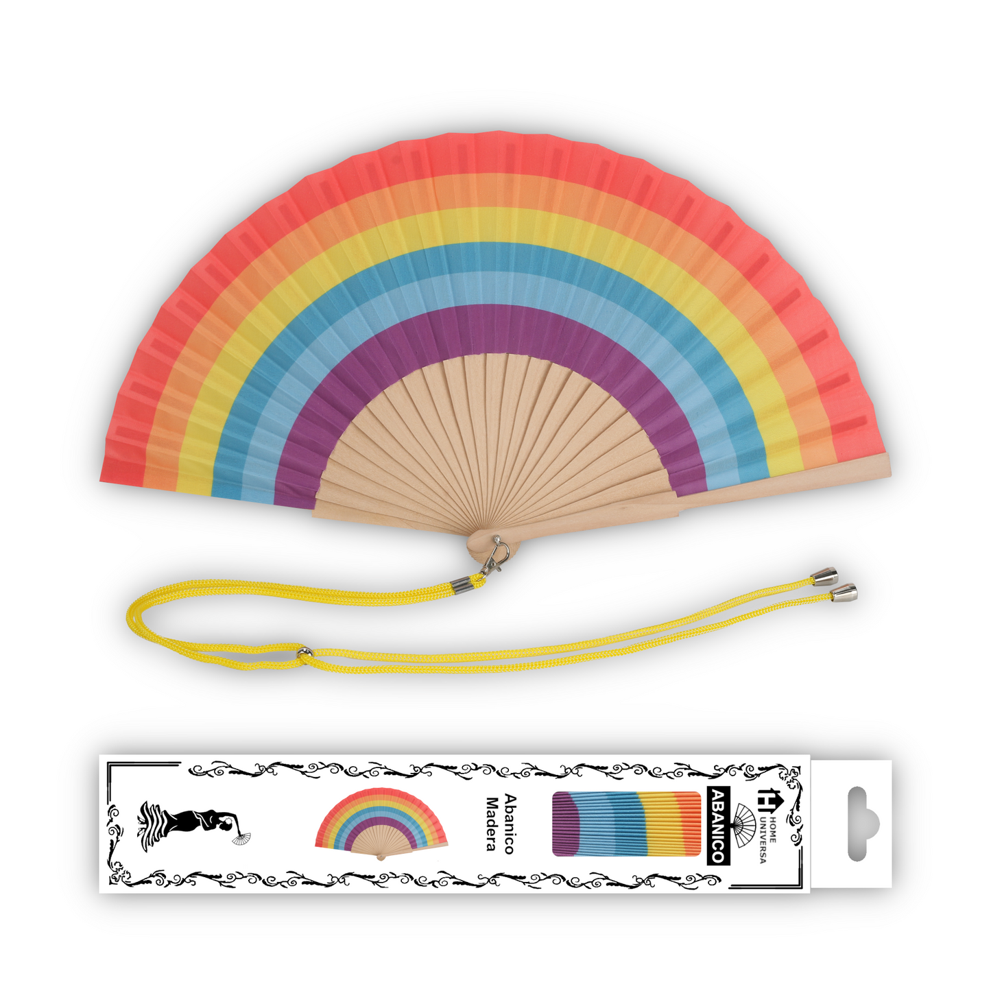 Home Universal® Abanico 23 cm con Cuerda para Cuello – Abanico Plegable de Madera Ligero y Portátil – Accesorio de Verano para Playa, Festivales, Bodas y Eventos – Diseño Divertido, Ideal para Viajes y Calor (Arcoíris Armónico)