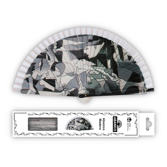 Home Universal®  Abanico 23CM DE Madera Lisa con Tela de Marfil, Abanico de Madera Adornado, Abanico Original - Guernica de Pablo Picasso