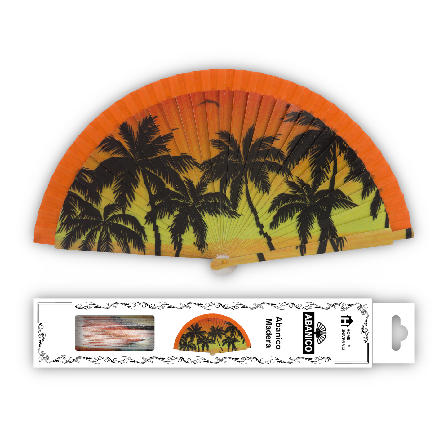 Home Universal®  Abanico 23CM DE Madera Lisa con Tela de Marfil, Abanico de Madera Adornado, Abanico Original - Puesta de Sol Palmeras (Dibujo Artístico)