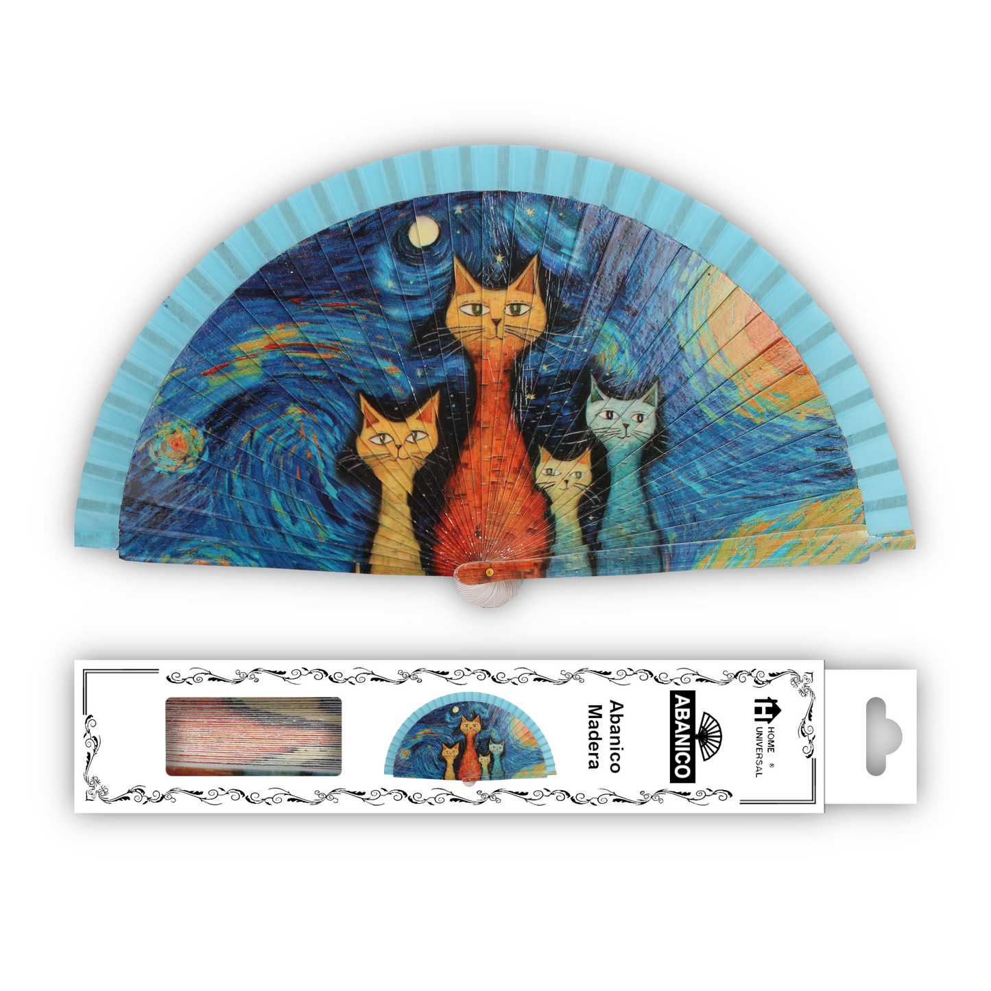 Home Universal®  Abanico 23CM DE Madera Lisa con Tela de Marfil, Abanico de Madera Adornado, Abanico Original - Cuatro Gatos (Estilo Vincent van Gogh)