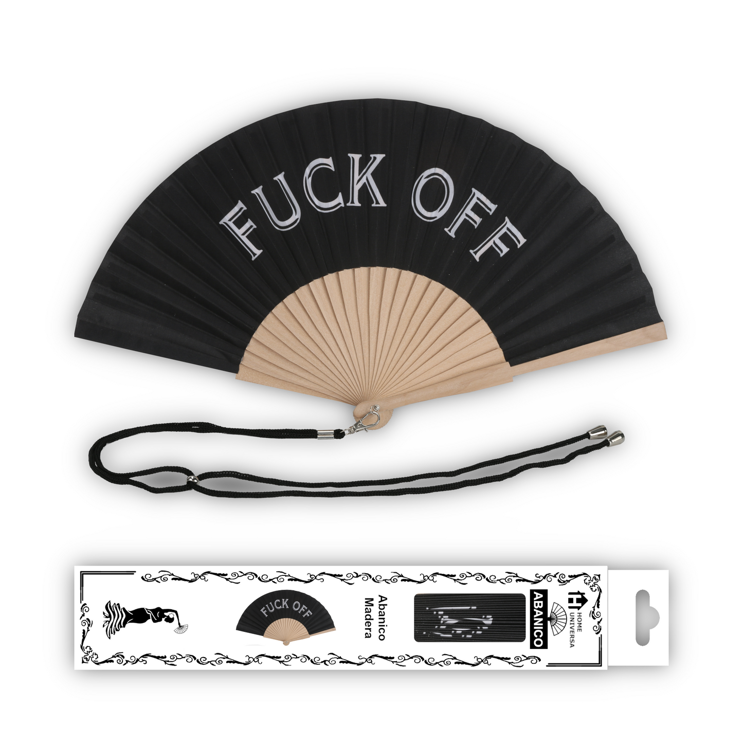Home Universal® Abanico 23 cm con Cuerda para Cuello – Abanico Plegable de Madera Ligero y Portátil – Accesorio de Verano para Playa, Festivales, Bodas y Eventos – Diseño Divertido, Ideal para Viajes y Calor (FUC* OFF (Negro))