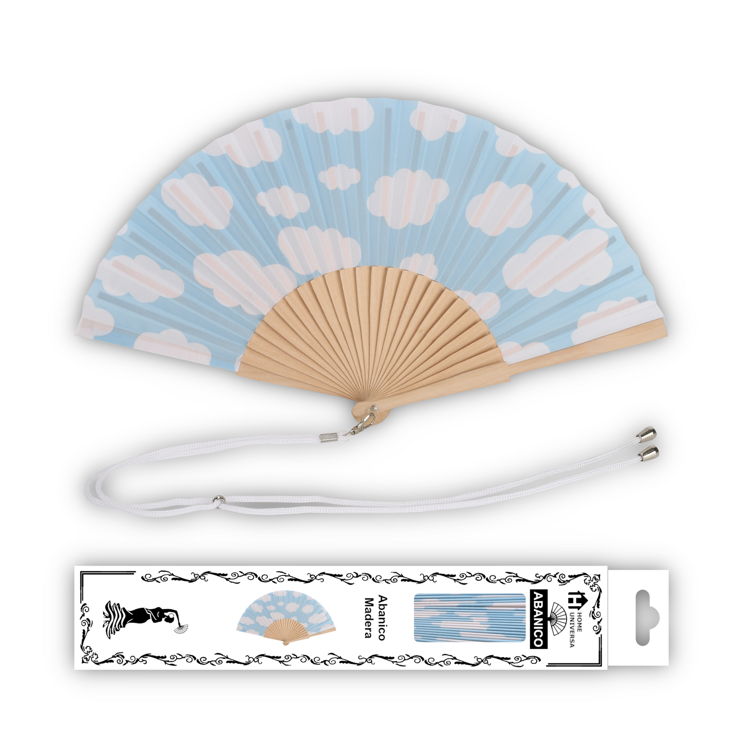 Home Universal® Abanico 23 cm con Cuerda para Cuello – Abanico Plegable de Madera Ligero y Portátil – Accesorio de Verano para Playa, Festivales, Bodas y Eventos – Diseño Divertido, Ideal para Viajes y Calor (Cielo Azul Con Nubes)