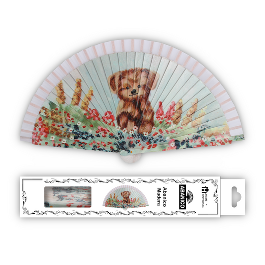 Home Universal®  Abanico 23CM DE Madera Lisa con Tela de Marfil, Abanico de Madera Adornado, Abanico Original - Cachorrito y Flores (Dibujo Artístico)