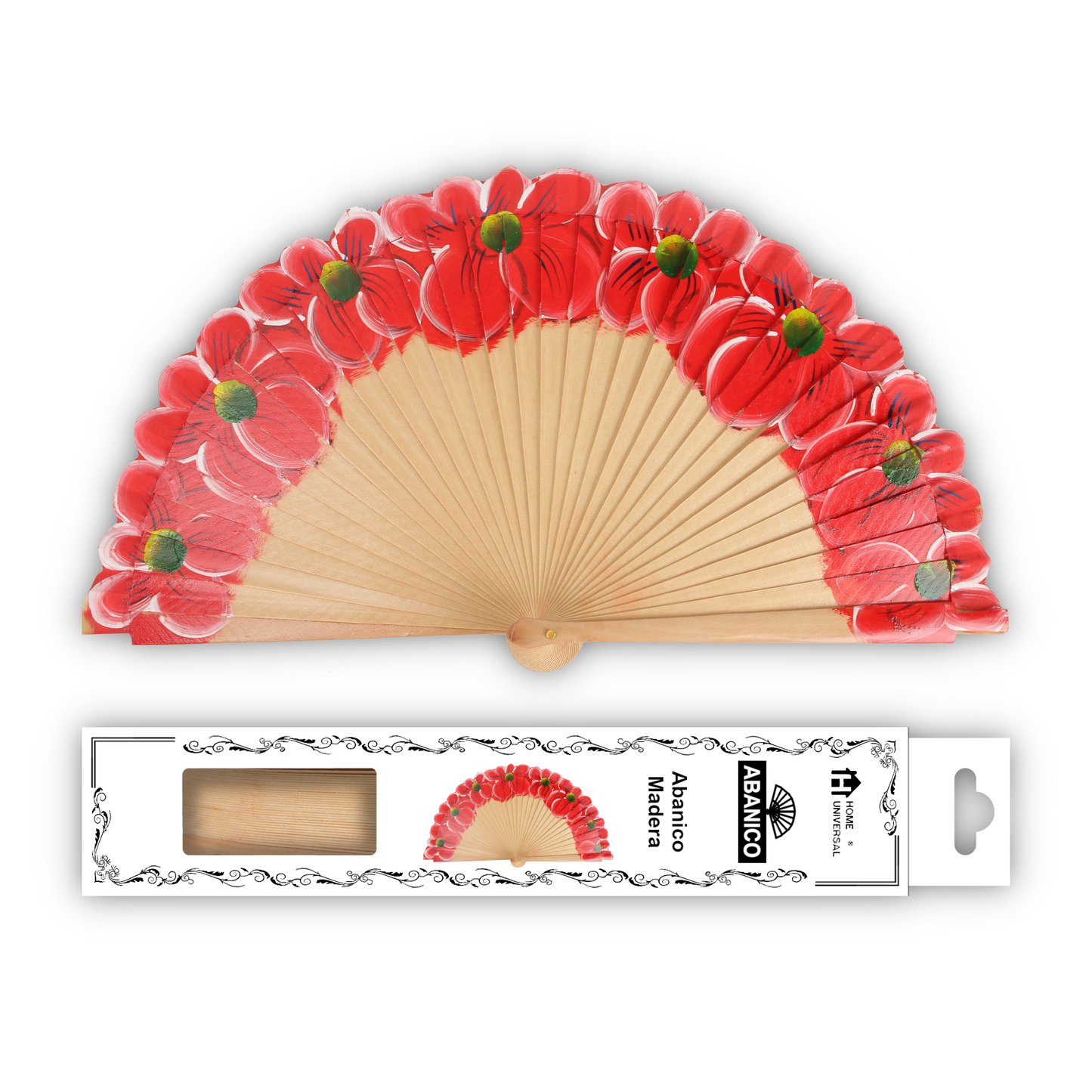 Home Universal®  Abanico 23CM DE Madera Lisa con Tela de Marfil, Abanico de Madera Adornado, Abanico Original - Floral Rojo