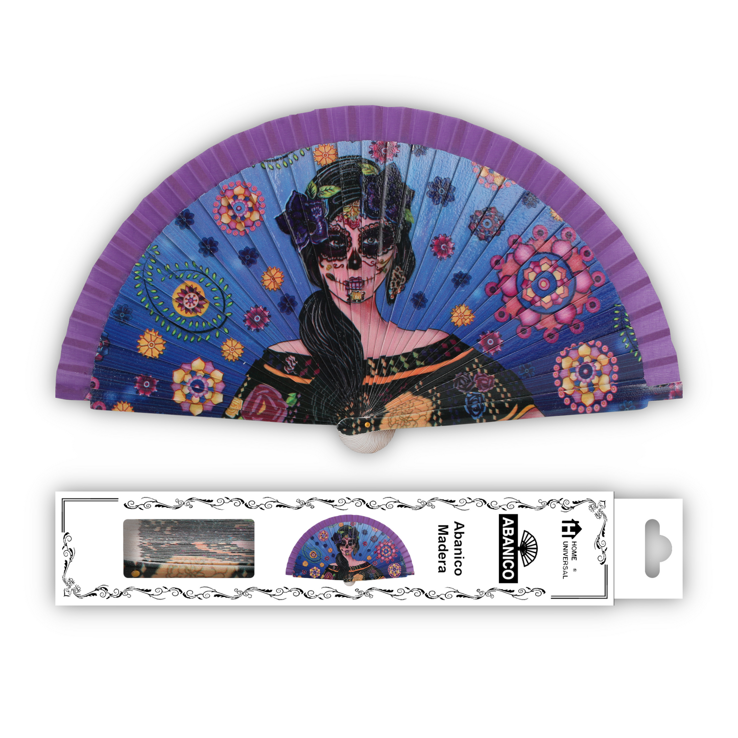 Home Universal®  Abanico 23CM DE Madera Lisa con Tela de Marfil, Abanico de Madera Adornado, Abanico Original - Frida Kahlo (Dibujo Artístico)