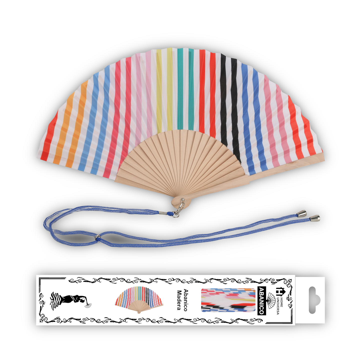 Home Universal® Abanico 23 cm con Cuerda para Cuello – Abanico Plegable de Madera Ligero y Portátil – Accesorio de Verano para Playa, Festivales, Bodas y Eventos – Diseño Divertido, Ideal para Viajes y Calor (Rayas Coloridos)