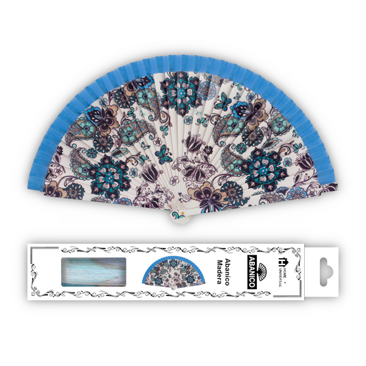 Home Universal®  Abanico 23CM DE Madera Lisa con Tela de Marfil, Abanico de Madera Adornado, Abanico Original - Estampado Floral con Tela Azul Celeste