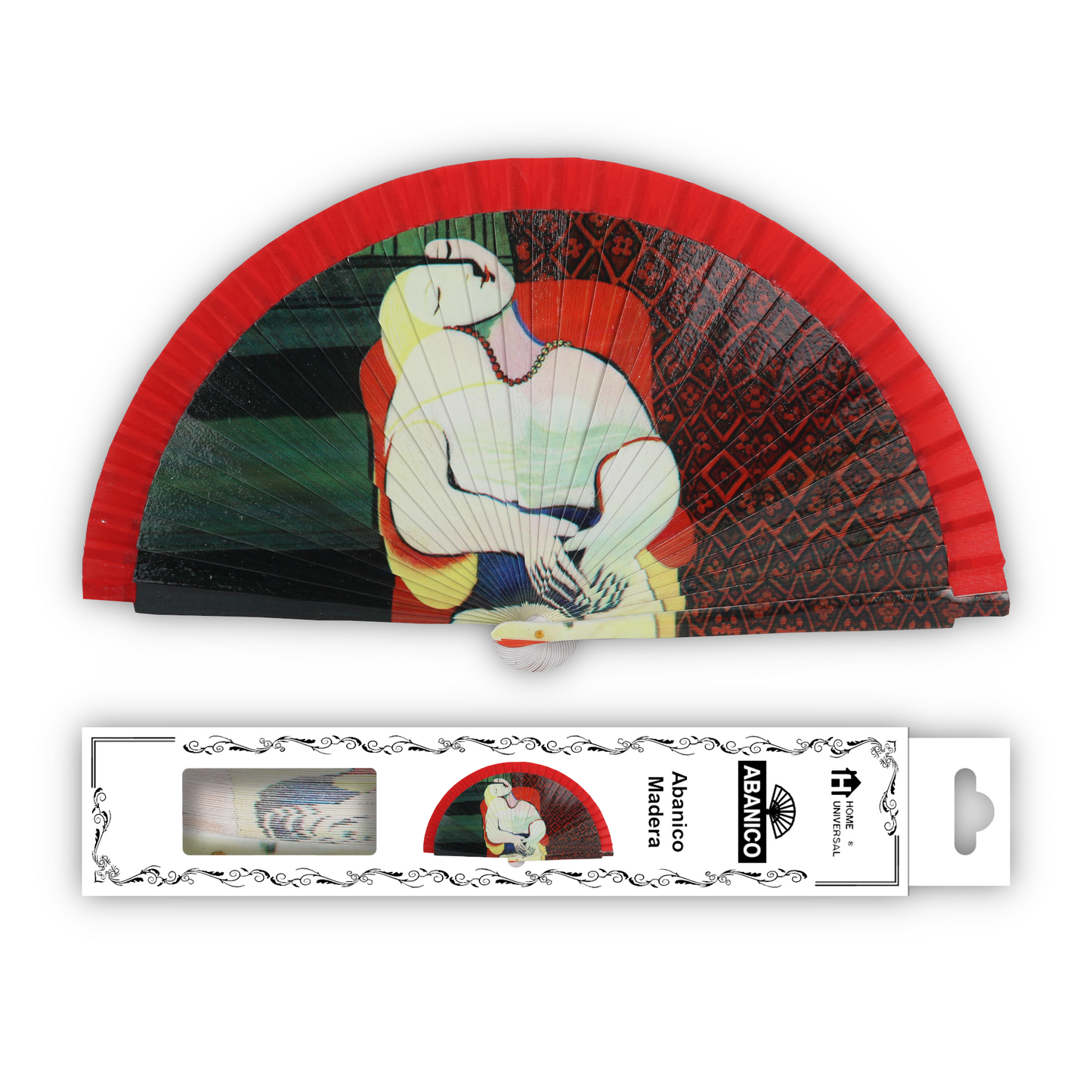 Home Universal®  Abanico 23CM DE Madera Lisa con Tela de Marfil, Abanico de Madera Adornado, Abanico Original - El sueño (Le Rêve) de Pablo Picasso