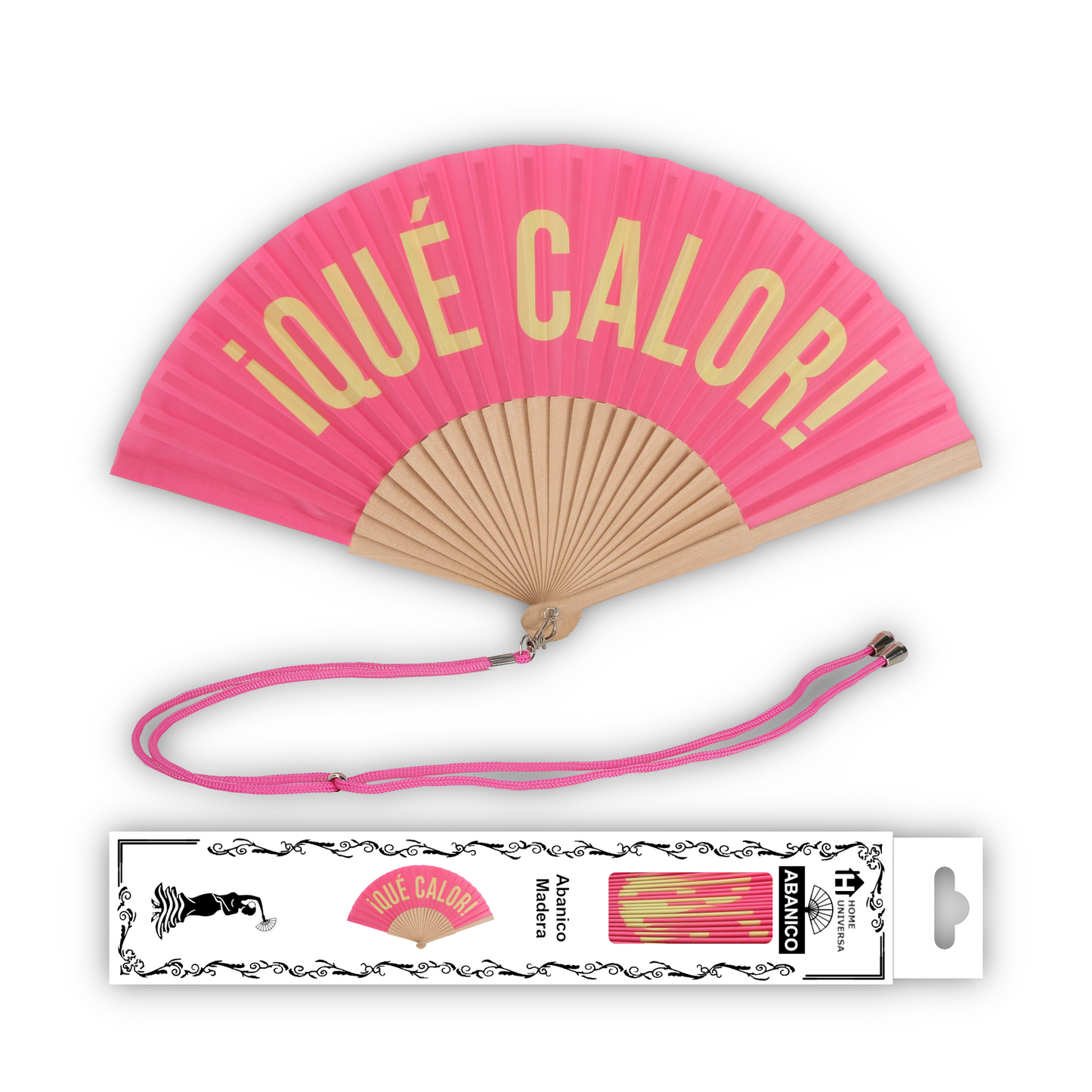 Home Universal® Abanico 23 cm con Cuerda para Cuello – Abanico Plegable de Madera Ligero y Portátil – Accesorio de Verano para Playa, Festivales, Bodas y Eventos – Diseño Divertido, Ideal para Viajes y Calor (¡QUÉ CALOR! (Rosa))