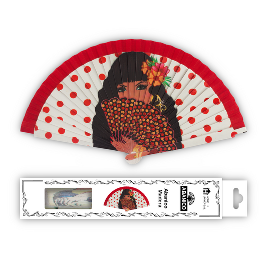 Home Universal®  Abanico 23CM DE Madera Lisa con Tela de Marfil, Abanico de Madera Adornado, Abanico Original - Chica Flamenca (Dibujo Artístico)