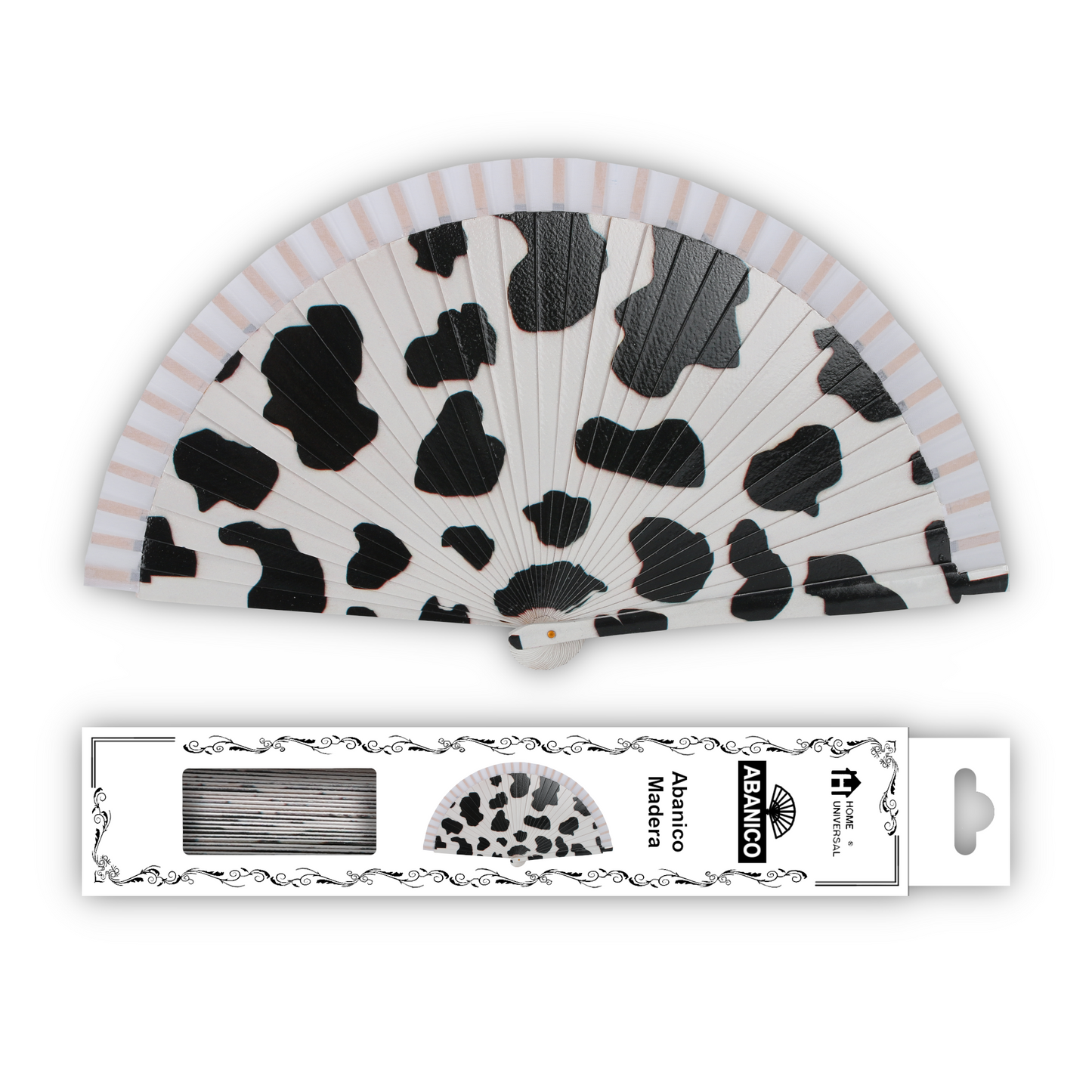 Home Universal®  Abanico 23CM DE Madera Lisa con Tela de Marfil, Abanico de Madera Adornado, Abanico Original - Estampado Vaca (Cow Print)
