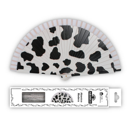 Home Universal®  Abanico 23CM DE Madera Lisa con Tela de Marfil, Abanico de Madera Adornado, Abanico Original - Estampado Vaca (Cow Print)