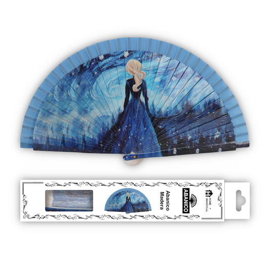 Home Universal®  Abanico 23CM DE Madera Lisa con Tela de Marfil, Abanico de Madera Adornado, Abanico Original - Elsa de Frozen (Dibujo Artístico)
